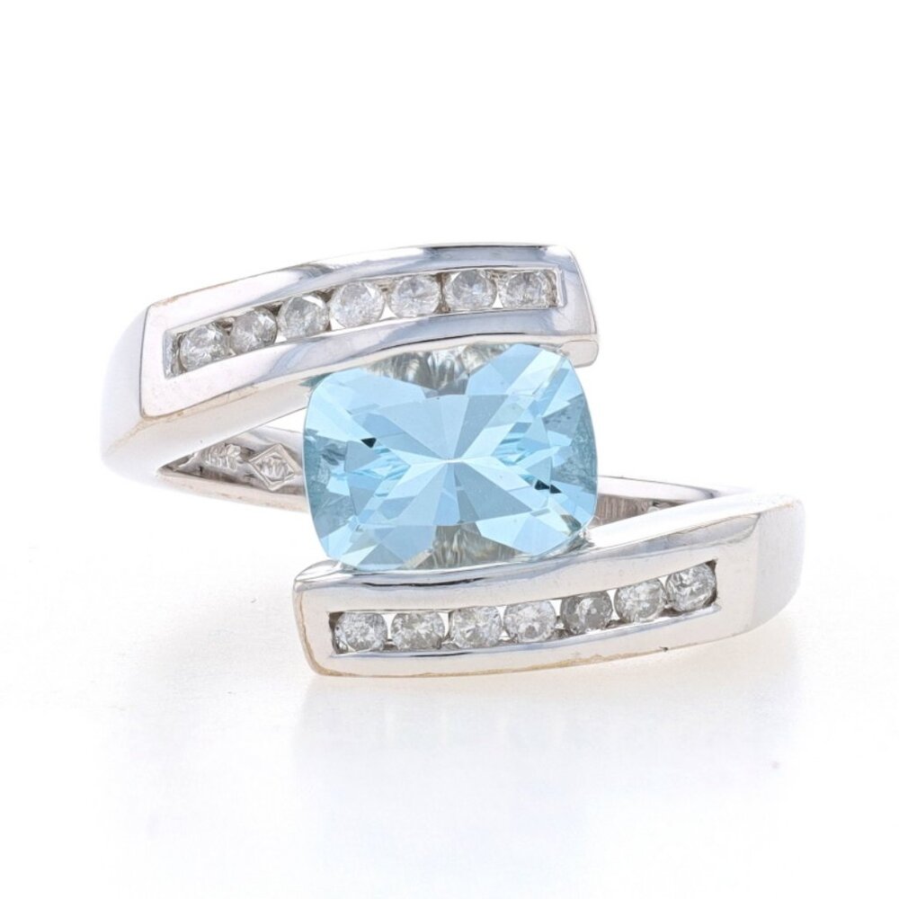 White Gold Aquamarine & Diamond Bypass Ring - 14k Cushion Brill 2.18ctw Sz 8 1/4